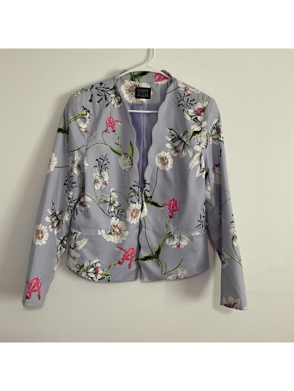 Simply Styled Lavender Floral Scalloped Open Front Blazer jacket lilac  L - Picture 2 of 8